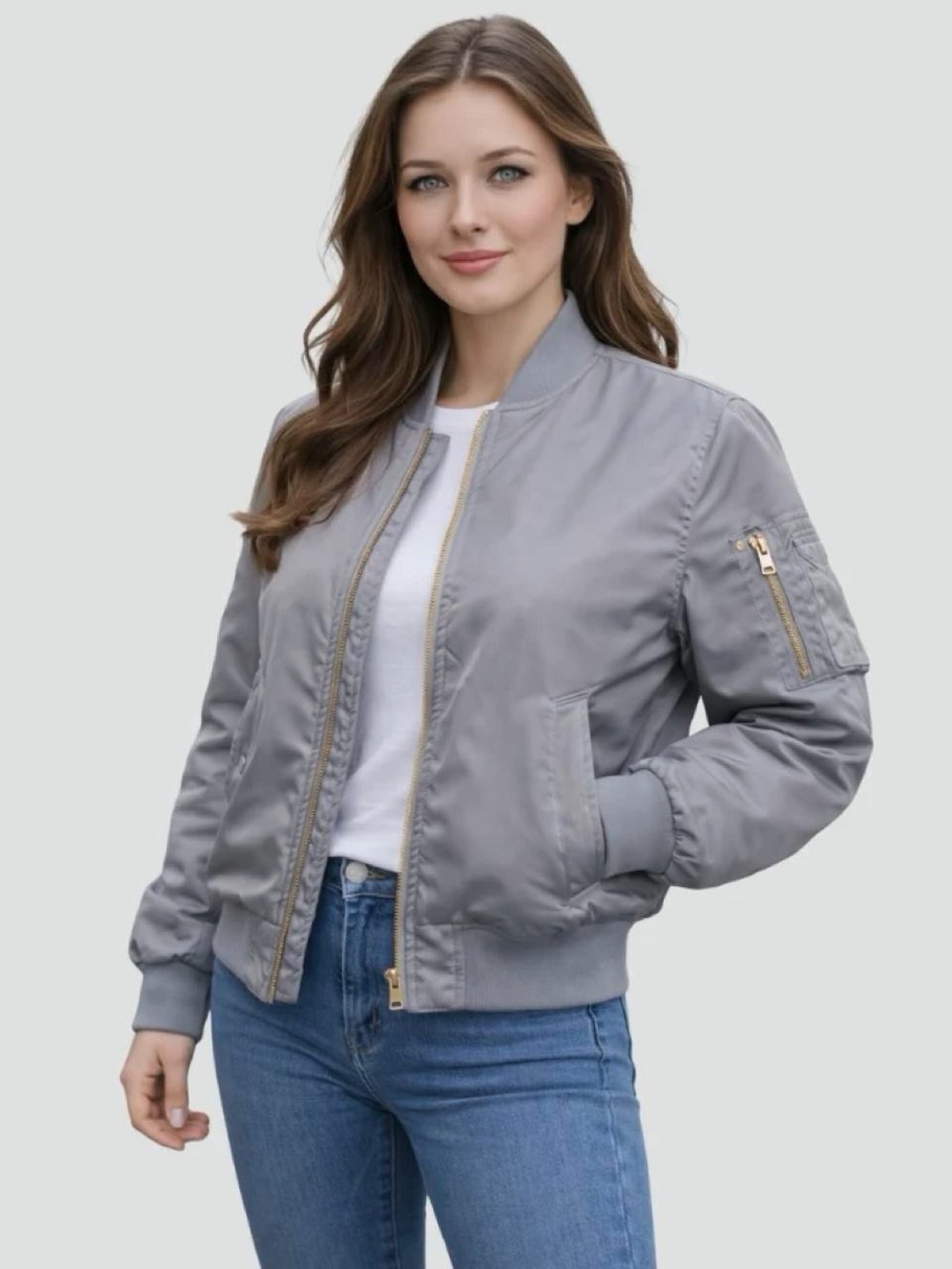 Women's Light Grey Bomber Jacket with Gold Zip